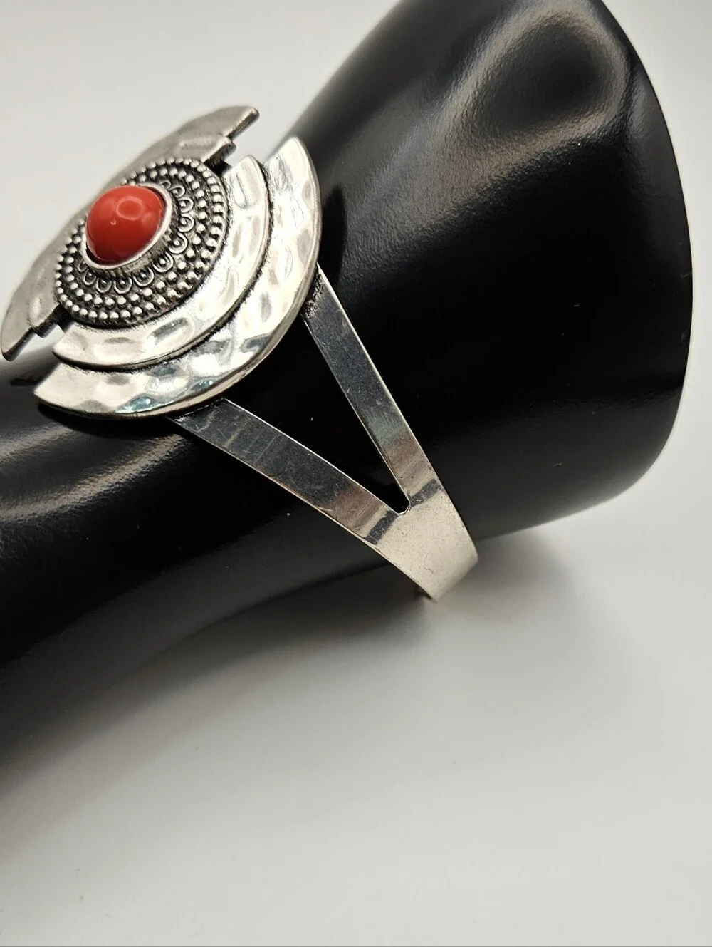 Cuff Bracelet Red Stone Silver Tone Hammered Statement